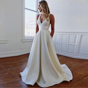 Vestido de novia robe de mariiee satijn trouwjurk v nek jurk boog backless bruidsjurken