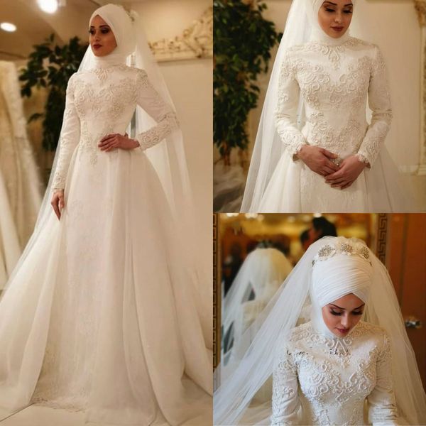 Robe De Novia Vintage robes De mariée musulmanes avec voile assorti dentelle perlée balayage Train jardin robes De mariée sur mesure Made246I