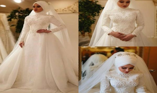 Robe De Novia Vintage robes de mariée musulmanes avec voile assorti dentelle perlée balayage train jardin robes de mariée sur mesure Made1037417