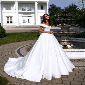 Vestido de Novia Wit Elegante Satijn A-Lijn Trouwjurk 2020 Sexy V-hals van de schouder Bruidsjurk Simple Bruid Jurk