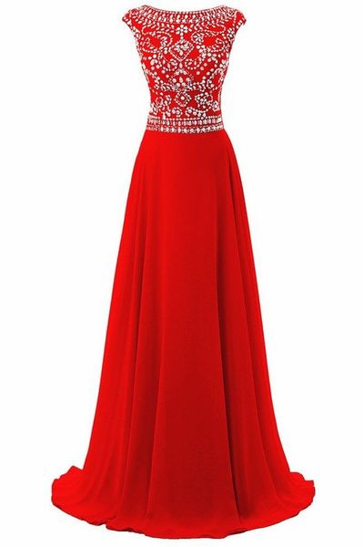 Robe Longo Para Formatura Ventes Chaudes En Mousseline De Soie Rouge Longues Robes De Soirée Strass Robes Dos Nu pour Le Bal