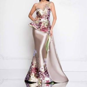 Vestido Miss Universo Zuhair Murad Robes de soirée arabe Sirène Or One Epaule Cristal Perlé Dentelle Tulle Prom Robes de Celebrity Robes