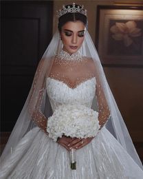 Vestido novia 2022 princesse robe de mariée de luxe perlée col haut Illusion à manches longues jupe bouffante arabe robe de mariée