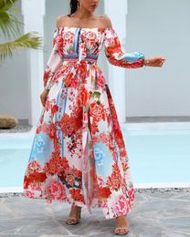 Vestido plus size dames kleding ontwerper zomeravondjurk bedrukte jurk met één schouder pullover retro lange mouwen brede spleet lange avondjurken elegant