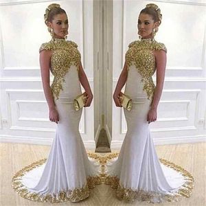Vestidos Arabische Mermaid Avondjurken 2018 Dubai Hoge Hals Cap Mouwen Gouden Kant Applicaties Kralen Plus Size Formele Feestjurk Prom-jurken