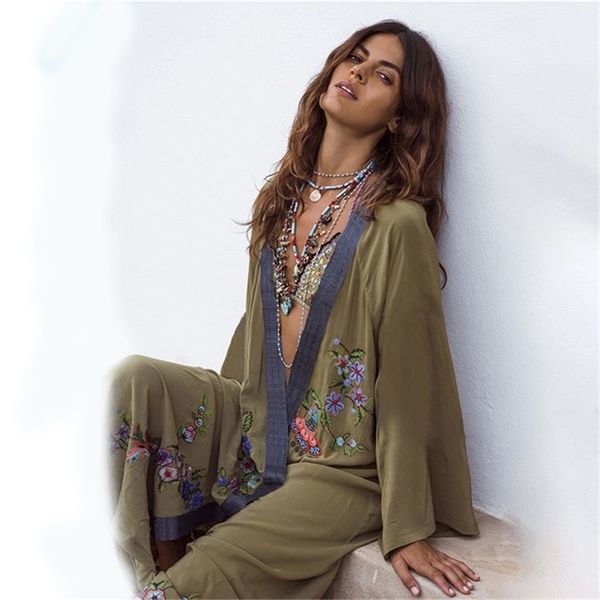 Vestidos Boho Hippie Chic Vintage Floral Bordado Cardigan Viaje a la playa Kimono Pareo Manga larga Cape Cover Maxi Vestido 220531