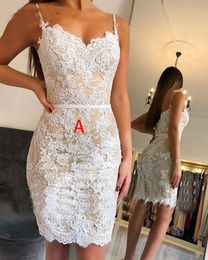 Vestidos de coctel Sweeteat spaghetti riemen cocktailjurken witte kanten applique op maat gemaakte knie legnth elegante korte feest prom jurken jurken