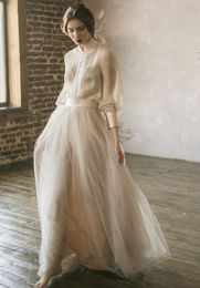 vestidos de noiva robe de mariée boho manches longues une ligne beige tulle princesse plage de la mariée