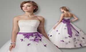 Vestidos de novia 2015 Trouwjurken Witte strapless baljurk vloer lengte jurk boog lint kralen parels paarse vlinder brid6852334
