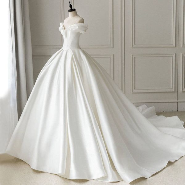 2022 Una línea Vestidos de novia con vestidos de novia sin mangas Wed Mariage Vestido French Satin Tail Vestidos De Novia Robe de Mariée