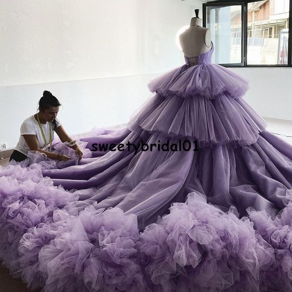 Vestidos De Novia vestido De baile De graduación alto bajo 2021 púrpura volantes tul Formal Vestidos De noche bata Soir￩e De Mariage