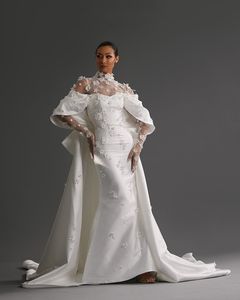 vestidos de novia hoge pure hals trouwjurken zeemeermin elegante 3D-bloemenapplicaties sweep trein lange mouwen vlek bruidsjurken voor sexy vrouwen 2024