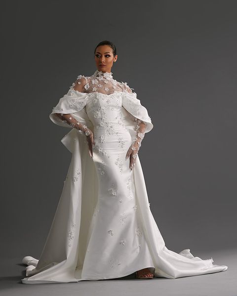 Robes de novia robes de mariée à col transparent haut sirène élégantes appliques florales 3D balayage train à manches longues robes de mariée pour femmes sexy 2024