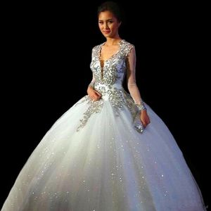 Robes De Quinceanera Nouveau Doux Col En V Quinceanera Robes Robe De Bal Tulle Pour 15 Ans Dos Nu Manches Longues Perles Robe De Soirée