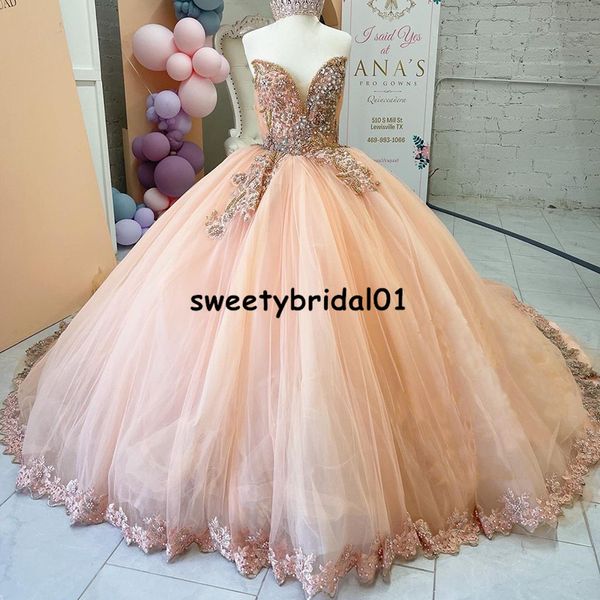 Vestidos de Quinceanera Princess Ball Ball vestido de fiesta Blush Pink Sweetheart 2022 Apliques Beads Pearls Vestidos de fiesta para Gril