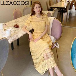 Vestidos de verano mujer vrouwen Koreaanse temperament kant opengewerkte taille grote swing lichtgele jurk Sukienka letnia 210514