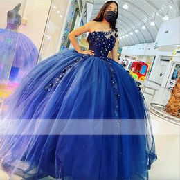 vestidos de xv 15 anos Blauwe Quinceanera Jurk Een Schouder Applicaties Baljurk Prom Sweet 16 Jurk Custom