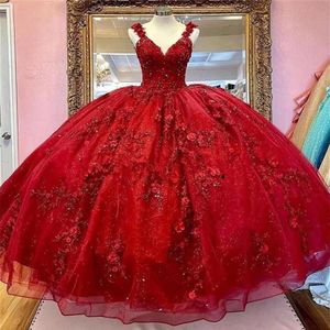 Robes de XV a os rouge robes de Quinceanera avec des fleurs 3D appliques haut corset perlé robe de bal doux 16 robe grande taille 294f
