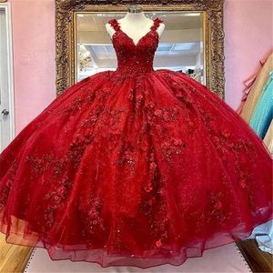 Vestidos de xv Een os rode quinceanera -jurken met 3D bloemen applique korset top kralen baljurk zoet 16 jurk plus size 285n