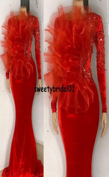Robes formelles robes de soirée en velours rouge femme fête de nuit dentelle robe de bal sirène africaine manches longues robes de soirée arabes5799661