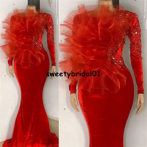 Robes formelles robes de soirée en velours rouge femme fête nuit dentelle africaine sirène robe de bal manches longues arabe fête robes279A