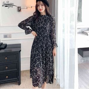 Vestidos gewaad femme lente lange mouw vintage print chiffon dame jurk stand kraag losse geplooide sexy partij 8540 50 210508