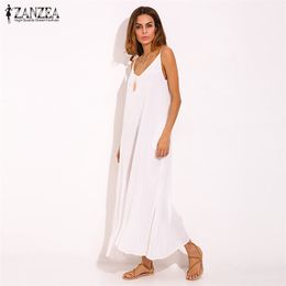 Vestidos été ZANZEA femmes sans bretelles Sexy col en V sans manches robe décontracté ample longue Maxi solide blanc surdimensionné 220613