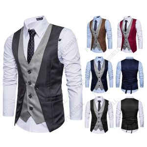Gilet 2023 Fake Two Pieces Patchwork Suit Vest Men Slim Fit Business Sans manche