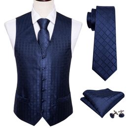 Gilet 4pc Set Mens Silk Vest Party Wedding Bleu Plaid Solid Floral Waistcoat Gite Pocket Square Tie Slim Cost Barry.BM2013