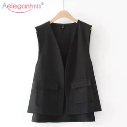 Gilets Aelegantmis 2022 nouveau col en V gilet femmes mode bureau dame gilet fendu irrégulier noir blanc ample sans manches veste femme