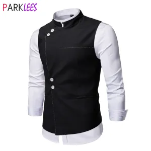 Vests Black Stand Collar Mens Robe Vest Fashion Chic Chic Slim Fit Slive sans manche gilet