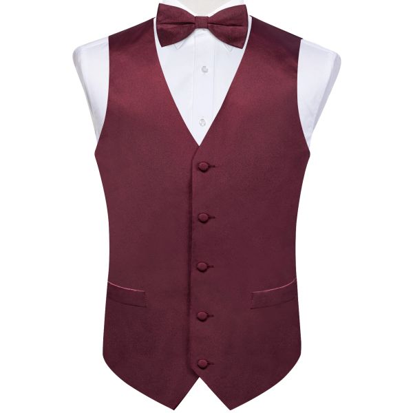 Gilet Bourgogne Red Solid Silk Men Suit Gift Preted Bow Tie Set Mariage Party Formal Tuxedo Male Blazer Gilot Business Party