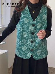 Cheerart Vintage Jacquard Bloemen Groen V-hals Vest Vrouwen Mouwloos Jasje Button Up Koreaanse Mode Vest Lente 2022