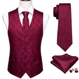 Gilets Gilet de créateur pour hommes en soie brodée rouge bordeaux Paisley gilet cravate poche carré ensemble slim fit costume de mariage Barry Wang