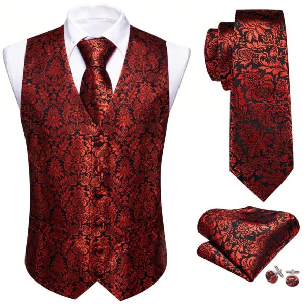 Chalecos Chaleco de diseñador para hombres Seda bordada Rojo Negro Flor Chaleco Corbata Conjunto Traje formal de boda Chaqueta sin mangas Barry Wang