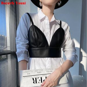 Vesten Modekleding Voor Vrouwen Femme Gestapelde Stijl Echt Leer Sling Bovenkleding Crop Top Bar Ropa Mujer Beige/zwart Klein Vest