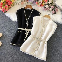 Coletes moda emendado laço beading camisola colete mulheres vintage pérola botão com cinto de malha colete coreano sem mangas colete colete jaqueta