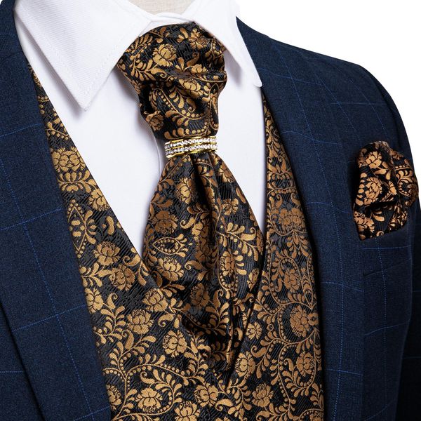 Chalecos Chaleco de traje de moda Chaleco de hombre Chaleco de boda de seda floral dorado Conjunto de pañuelo con corbata de Ascot Vestido formal Chaqueta sin mangas DiBanGu