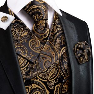 HiTie Goud Zwart Paisley Bloemen Zijde Heren Slanke Vest Stropdas Set Voor Pak Jurk Bruiloft 4 STUKS Vest Stropdas Hanky Manchetknopen Set