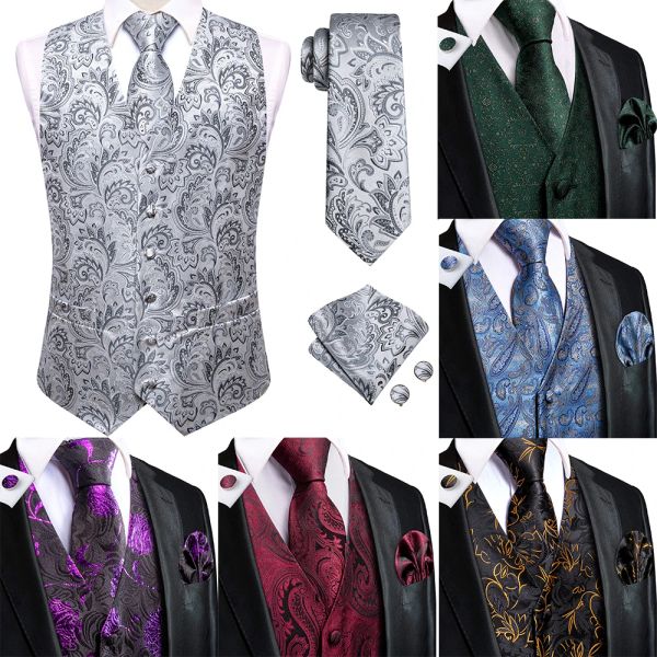 Chalecos HiTie Gris Paisley Chaleco para hombre Corbata Vestido formal de negocios Chaqueta sin mangas de seda 4 piezas Hanky ​​Gemelos Paisley Traje Chaleco Boda