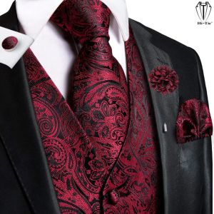 HiTie Hoge Kwaliteit Zijde Heren Vesten Rood Bordeaux Paisley Vest Stropdas Hanky Manchetknopen Broche Set voor Mannen Pak Bruiloft Kantoor XL