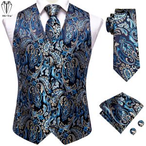 Chalecos HiTie Jacquard Seda Vestido para hombre Chaleco Pañuelo Gemelos Conjunto Cintura Abrigo Chaqueta Corbata Venta al por mayor para hombre Boda Negocio Grande