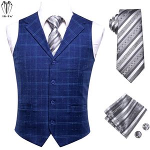 HiTie luxe soie hommes costume gilets bleu Plaids gilet hommes gilet or bleu gris cravate Hanky boutons de manchette ensemble pour robe costume cadeau