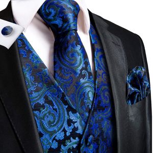 Chalecos HiTie azul marino negro floral seda para hombre chaleco delgado corbata conjunto para traje vestido boda 4PCS chaleco corbata pañuelo conjunto de gemelos