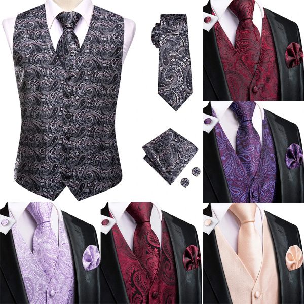 Chalecos hitie seda para hombre corbata de chaleco de chaleco negro formal azul verde rojo chaqueta sin mangas 4pc pabellón de pañuelo