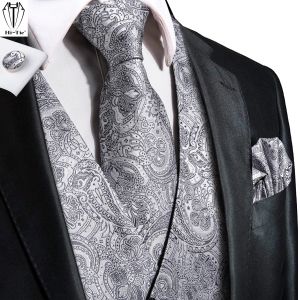 Vesten hitie zilver grijs paisley zijden heren vest stropdas set jacquard waastcoat mouwloze jas stroping hanky manchetknopen bruiloftsbedrijf