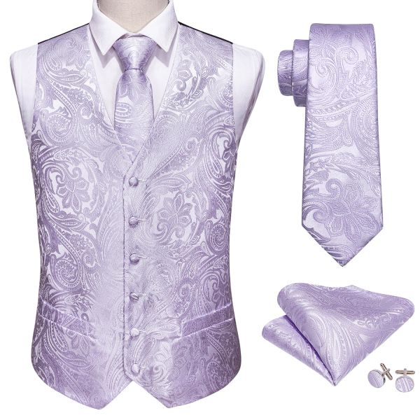 Vestts légers pourpre Men de mariage Suit gilet Paisley Jacquard Folral Silk Waistcoat Gichs Mandkerchief Tie Viete Set Suit Barry.Conception