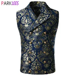 Vêtes de luxe masculin Brocade Paisley Floral Double-Breasted Verte VICTORIAN Gothic Steampunk Waistcoat Men Chalecos Para Hombre 2xl