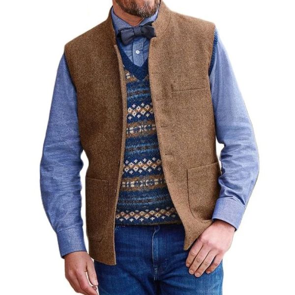 Vests Suisse pour hommes Vest Brown Stand Collar Wedding Herringbone Wool Tweed Male Gentleman Business Wiltcoat For Groom Costumes 2022