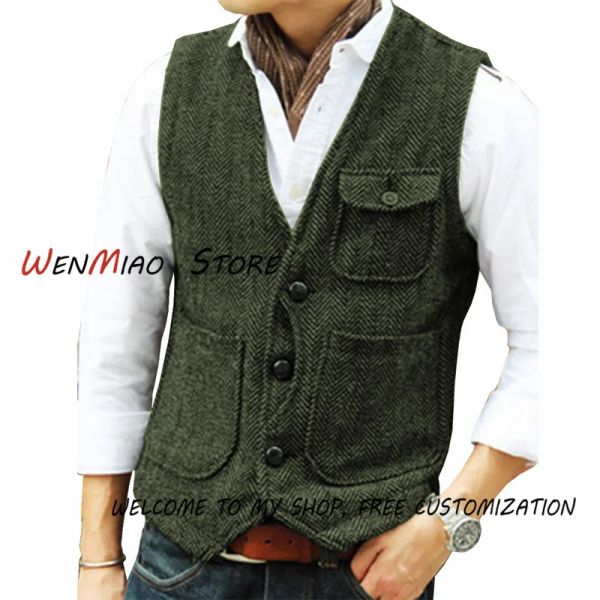 Gilets homme costume gilet décontracté gilet col en V mariage gilet chevrons laine Steampunk homme gilet/marron/vert/noir/bordeaux